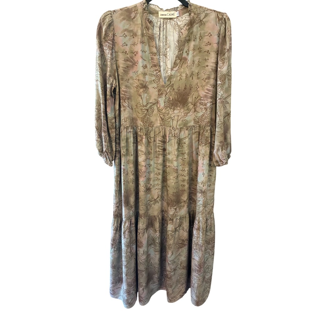 Johnny Was Calme Dress Women M Green Floral Tiered V-Neck Midi 0333211A8 EXCL